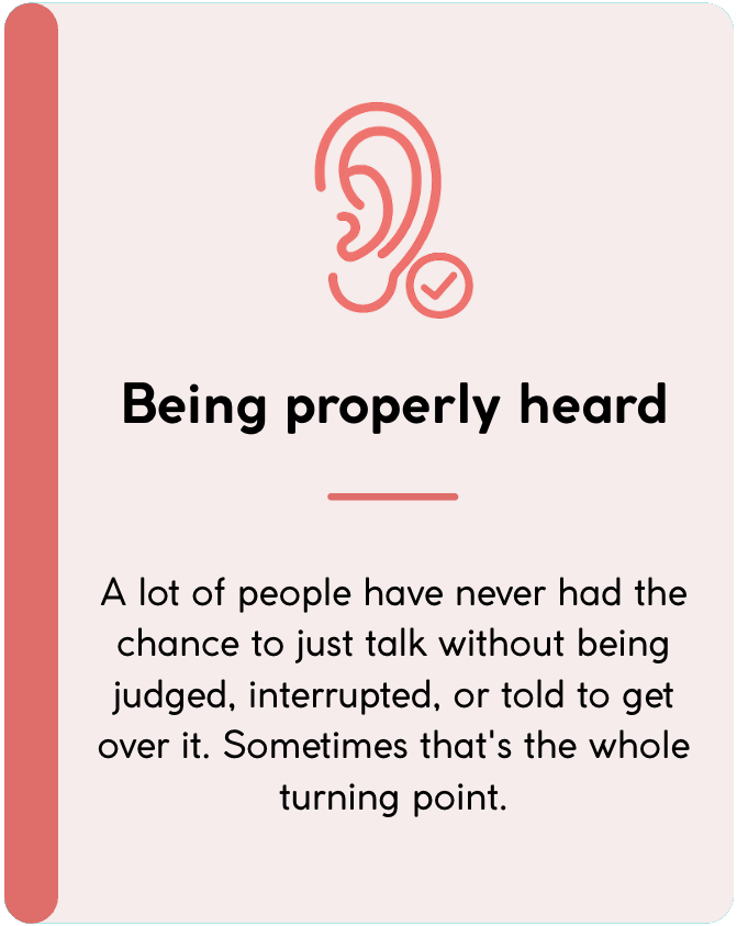 card saying: being properly heard