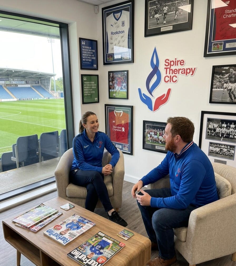 therapy conversation in football stadium